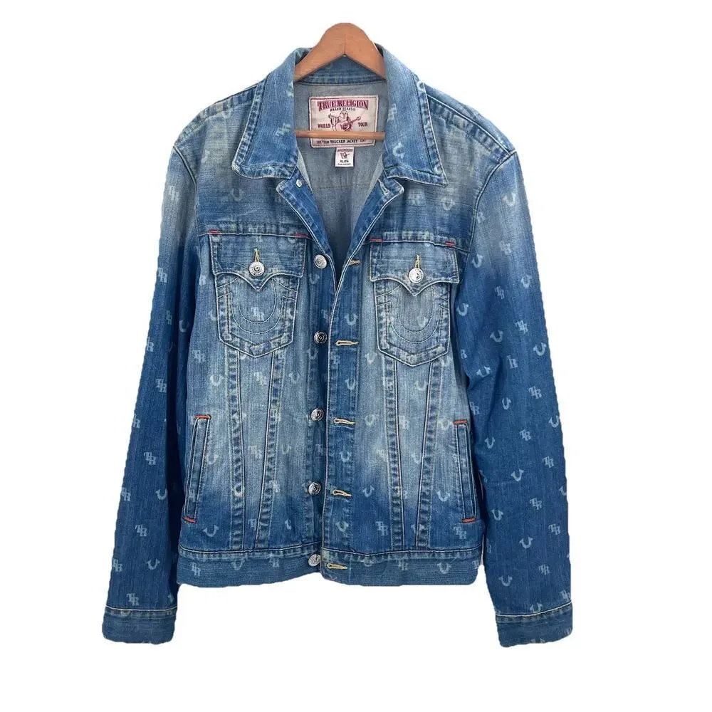 True Religion Monogram Blue Denim Trucker Jacket Mens Size XL